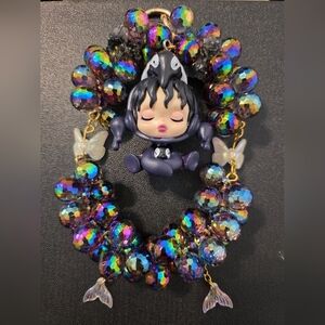 Colorful Iridecent Beaded Bag Charm with Figurine Charm